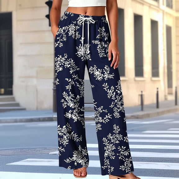Yteetum Wide Leg Pants for Women Drawstring Elastic Waist Palazzo Pant Womens Fall Floral Print Loose Comfy High Waisted Boho Beach Vacation Pants