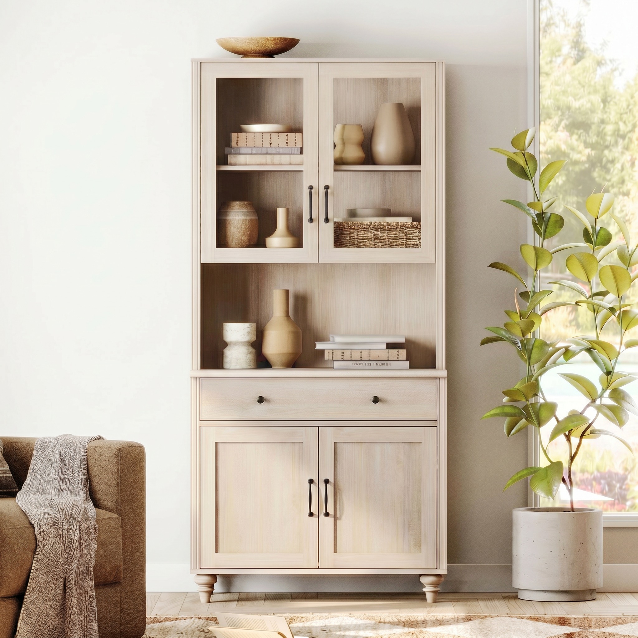 Large Farmhouse Wooden Bookcase with Storage Cabinet, Freestanding Library Bookshelf for Living Room, Office, Study Room & Kitchen, Beige