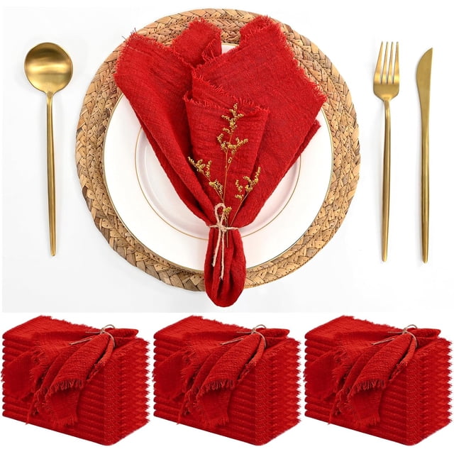 Lot de 36 Serviettes en Tissu Rouges Serviette en Coton et Lin 16 x 16 Pouces Serviettes Rouges en Tissu Faites à la Main avec Franges Douces Lavables Serviettes de Table Rustiques pour Mariage Fête Table de Souper