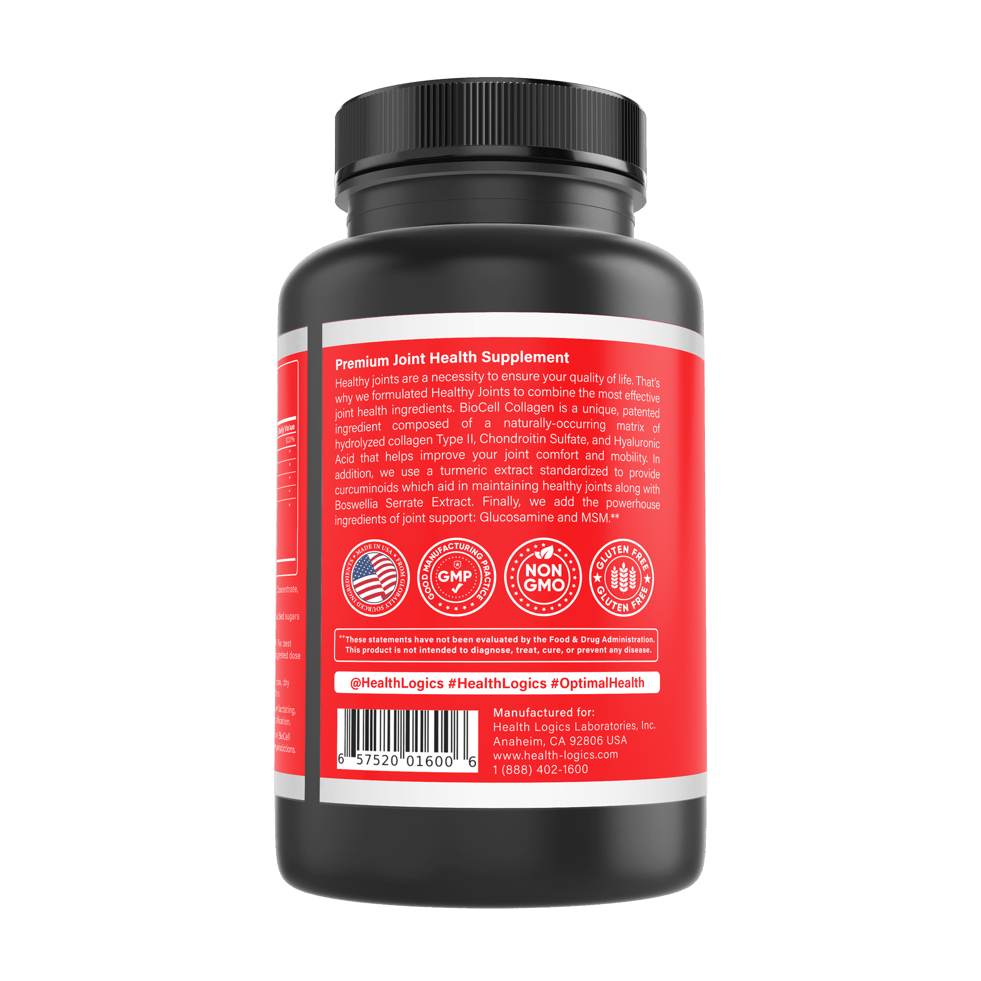 Health Logics Healthy Joints | Joint Supplement with BioCell Collagen, Glucosamine, MSM, Vitamin C, Turmeric Extract 95% Curcuminoids, Boswellia Serrata | Support Joint Comfort | Non-GMO | 90 Capsules