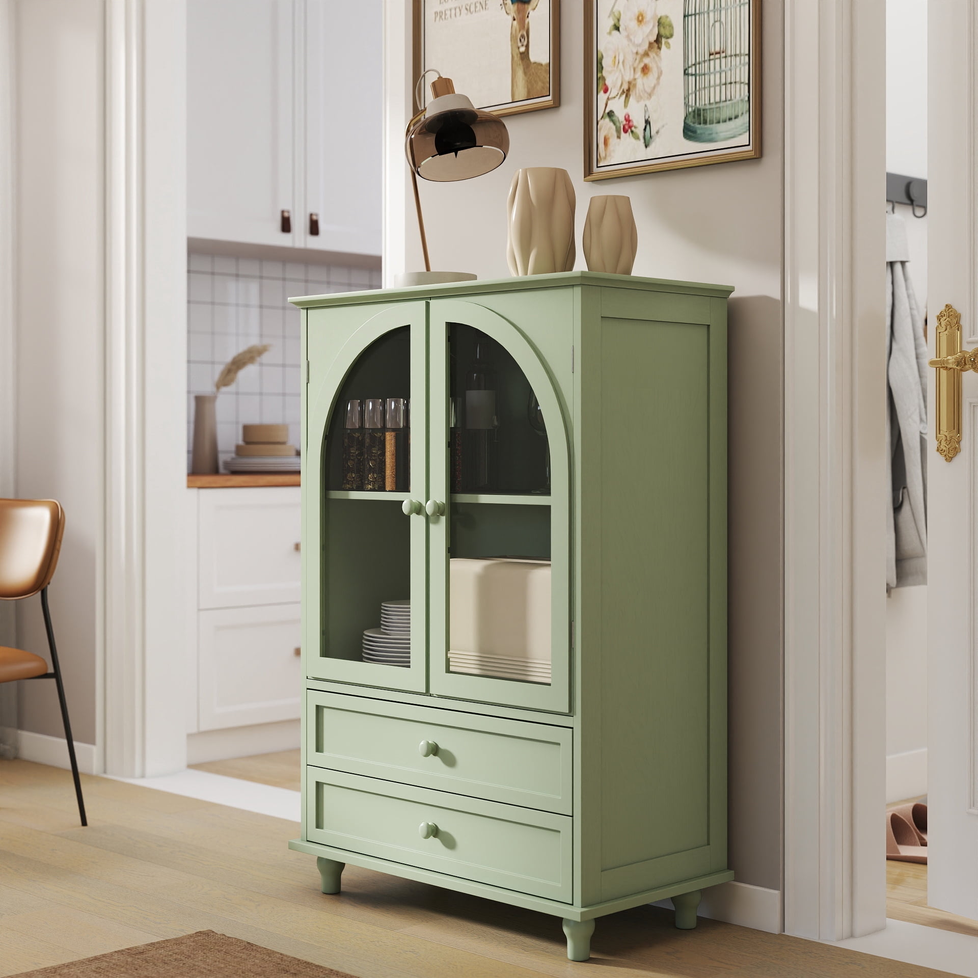 Farmhouse Storage Cabinet, Arched Tempered Glass Door Buffet Sideboard with Tiered Top, 2‑Drawer Pantry Cabinet for Kitchen Dining Living Room Entryway Coffee Bar