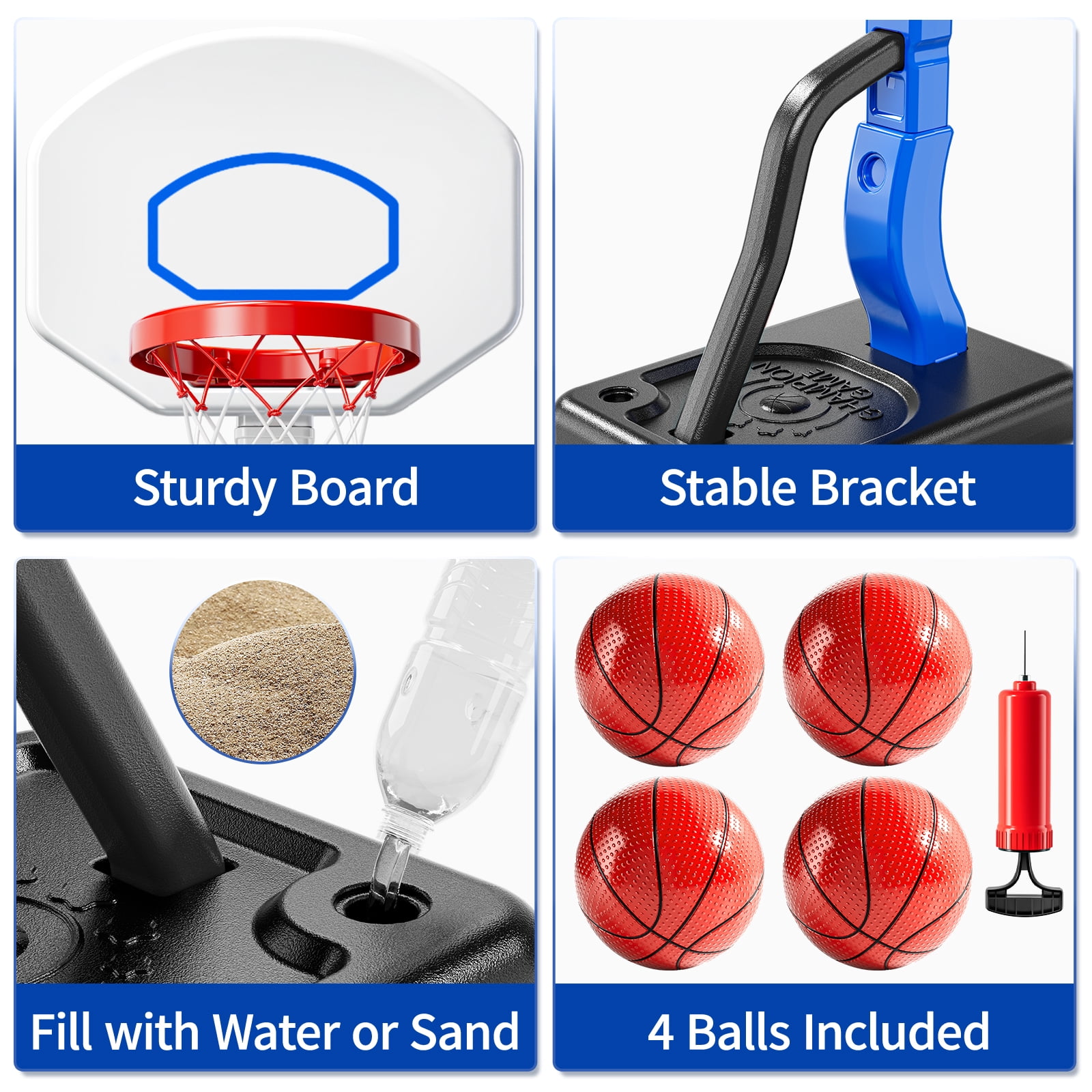 Lucky Doug Pool Basketball Hoop for All Age, Adjustable Water Basketball Hoop with 4 Balls & Pump, Indoor Outdoor Toddler Basketball Goal for Ages 3+, Poolside Basketball Game Indoor Outoor