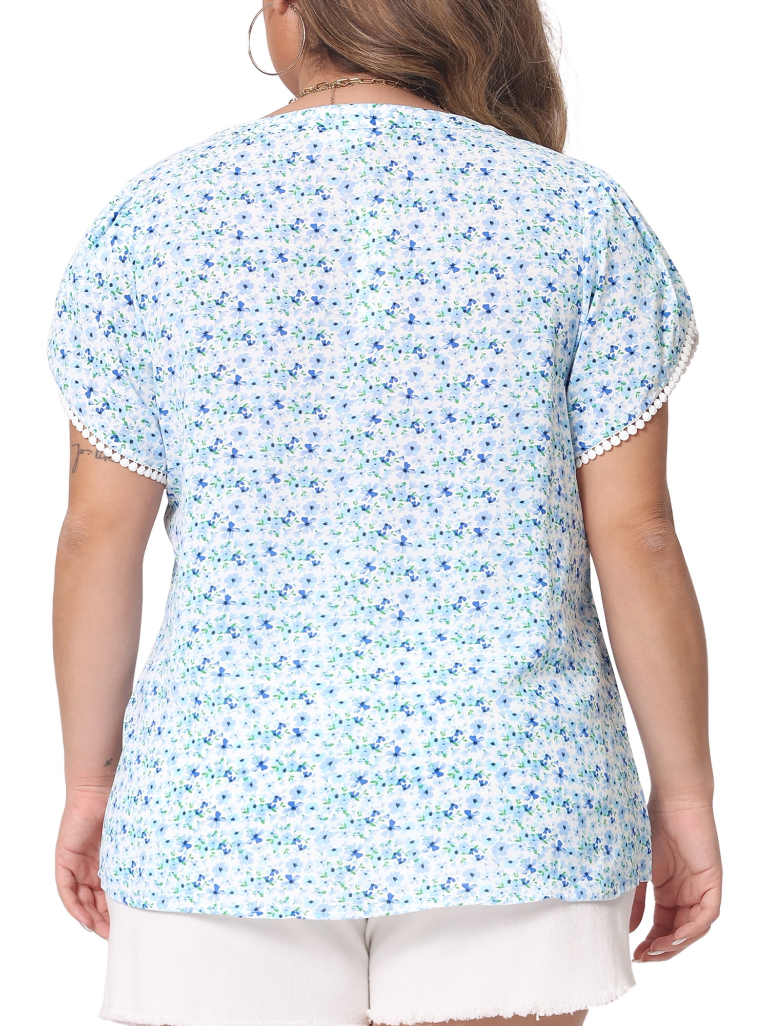 Women's Plus Tops Floral V Neck Tulip Sleeve T-Shirt Tee Summer Top 3X Blue