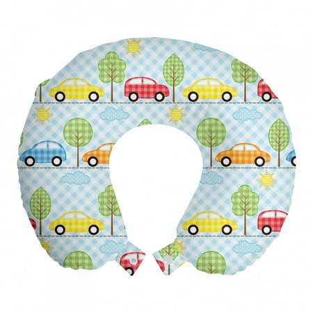 Baby Travel Pillow Neck Rest, Checkered Background with Cars Trees Sun Open Sky Abstract Geometric Cartoon Design, Memory Foam Traveling Accessory Airplane and Car, 12", Multicolor, by Ambesonne