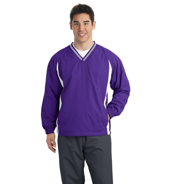 SPORT-TEK Camisa cortavientos raglán con cuello en V y ribete alto para hombre XLT Púrpura/Blanco deporte-tek TJST62