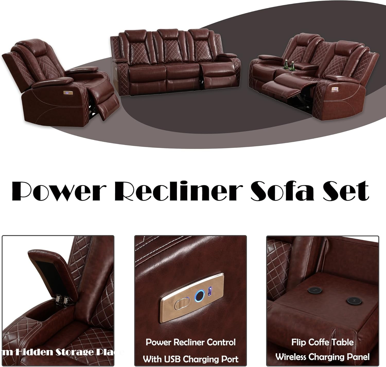 Power Leather Recliner Sofa Set with LED Lights,Living Room Furniture Set, Breathing Leather Sofa Set with USB Port/Storage Console/Cup Holders (3 Pieces Reclining Sofa Set, Auburn)