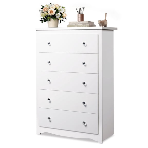 GALAXHERO 5 Drawer Dresser for Bedroom, Retro Wood Chest of Drawers, Tall Dresser with Round Metal Handle for Living Room, Hallway, Closet, White