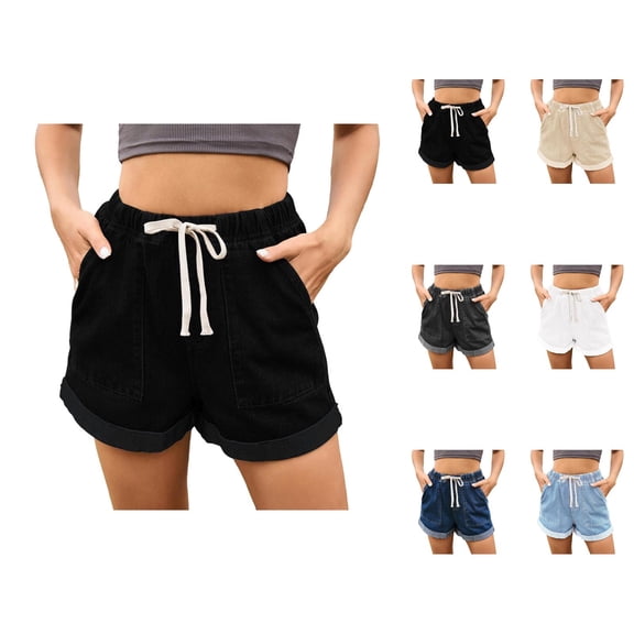 Jean Shorts Womens 2026 Summer Elastic High Waist Drawstring Cute Denim Shorts with Pockets