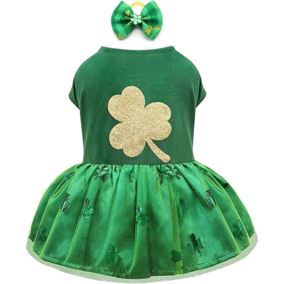 Dog Dress, St Patricks Day Decorations Festive Tulle Pet Skirt for Small and Medium Dogs and Cats, Lightweight Summer Puppy Outfit for Holiday Party, Lucky Clover Apparel