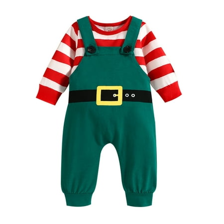 

EYIIYE Baby Girls Boys Christmas 2Pcs Set Stripe Round Neck Long Sleeve Tops and Belt Print Straps Pants Overalls 0-12 Months