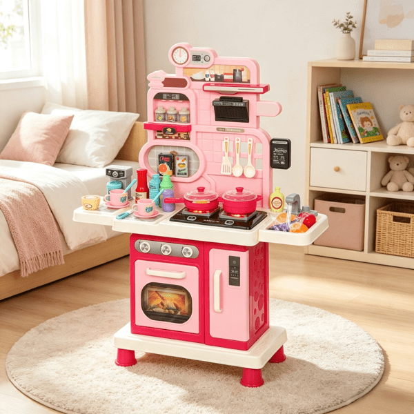 33-Piece Kids Play Kitchen, Lights, Sounds & Water Sink, Ages 3-6, Pink
