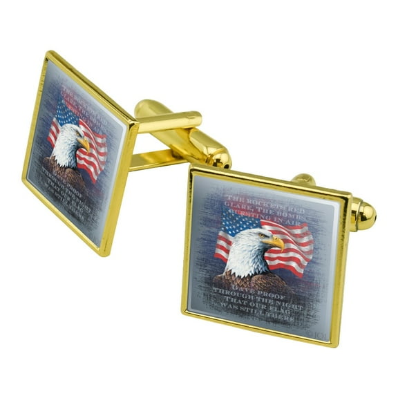 Patriotic Eagle Rockets Red Glare American Flag Square Cufflink Set - Silver or Gold