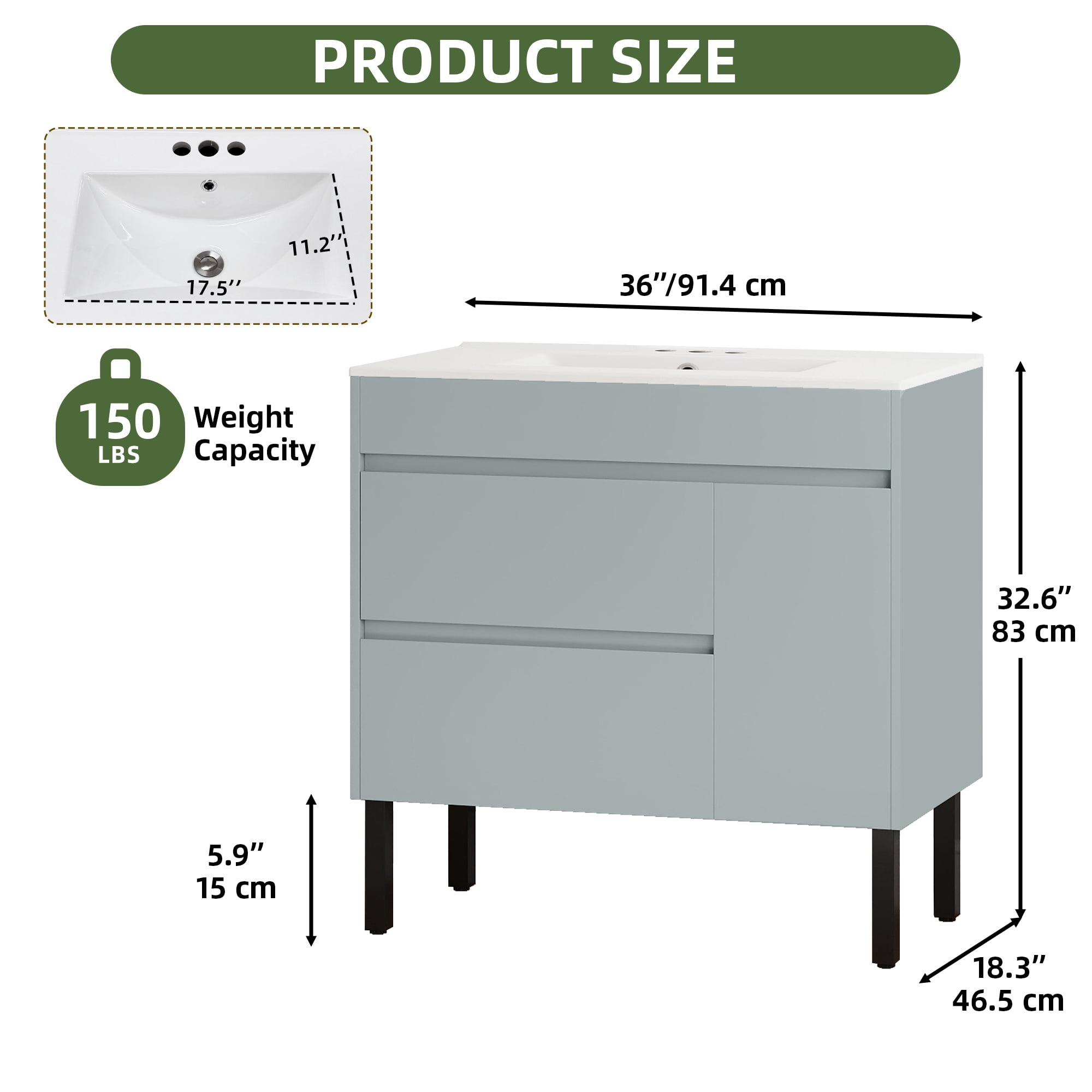 Uforic 36" Modern Free Standing Bathroom Vanity with Undermount Sink, Soft Close Door & Storage Cabinet, Gray