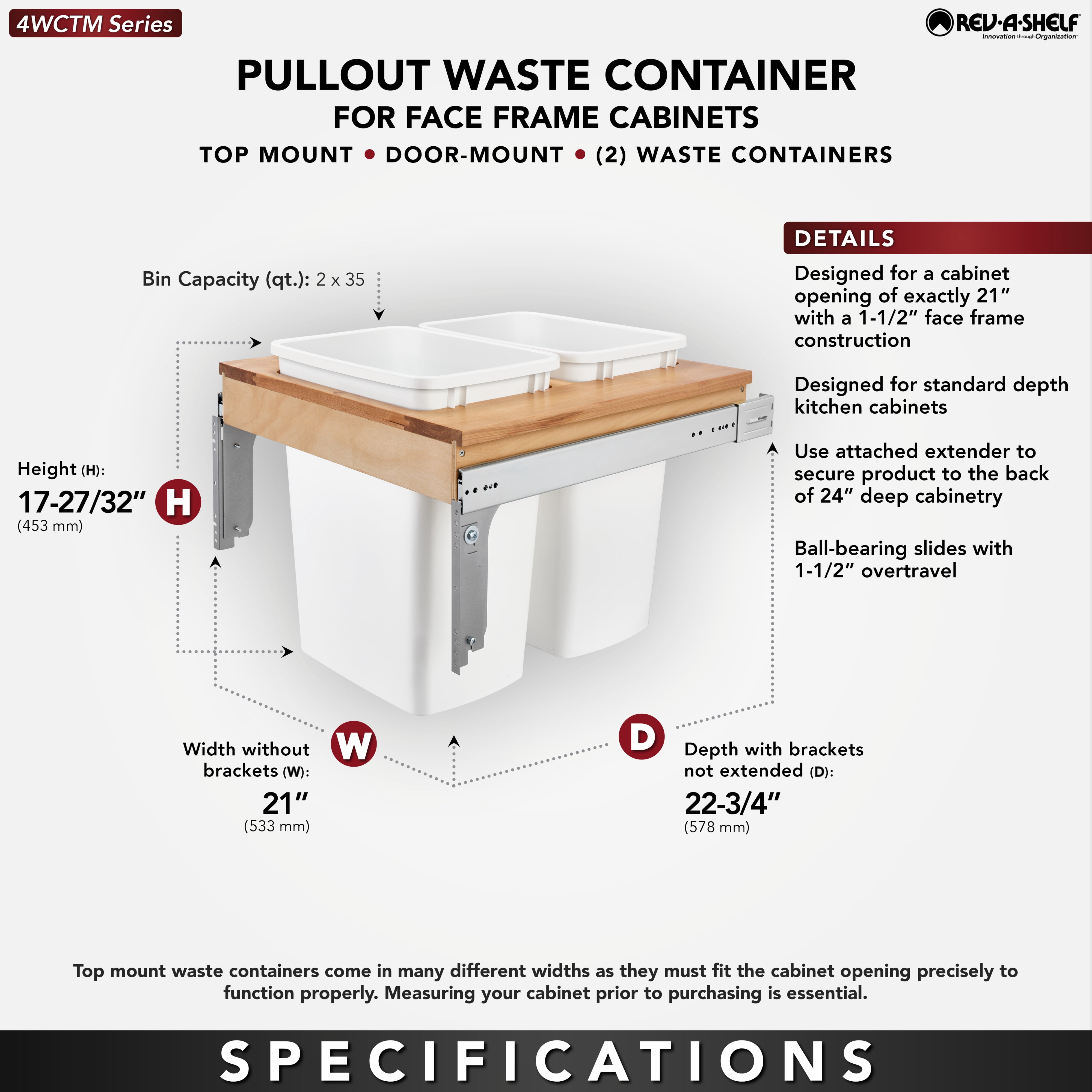 Rev-A-Shelf Top Mount Double Pullout Under Cabinet Trash Can, 35 Qt, 4WCTM-24DM2-162