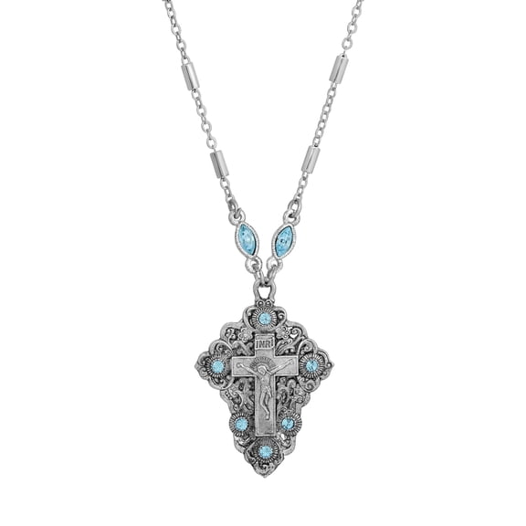 Symbols Of Faith INRI Crucifix Aqua Blue Crystal Pendant Necklace 16" 3" Extender