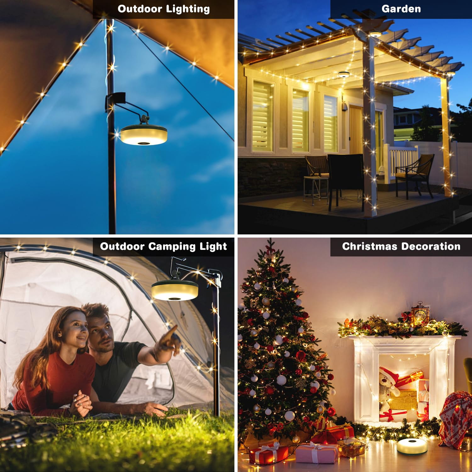 PUCACHI 2-in-1 LED Camping Lantern & 32.8ft String Lights | 8 Lighting Modes, IP44 Waterproof, USB Rechargeable | Portable Outdoor Light for Camping, Hiking, Backyard, Emergency (30s Quick Recovery,