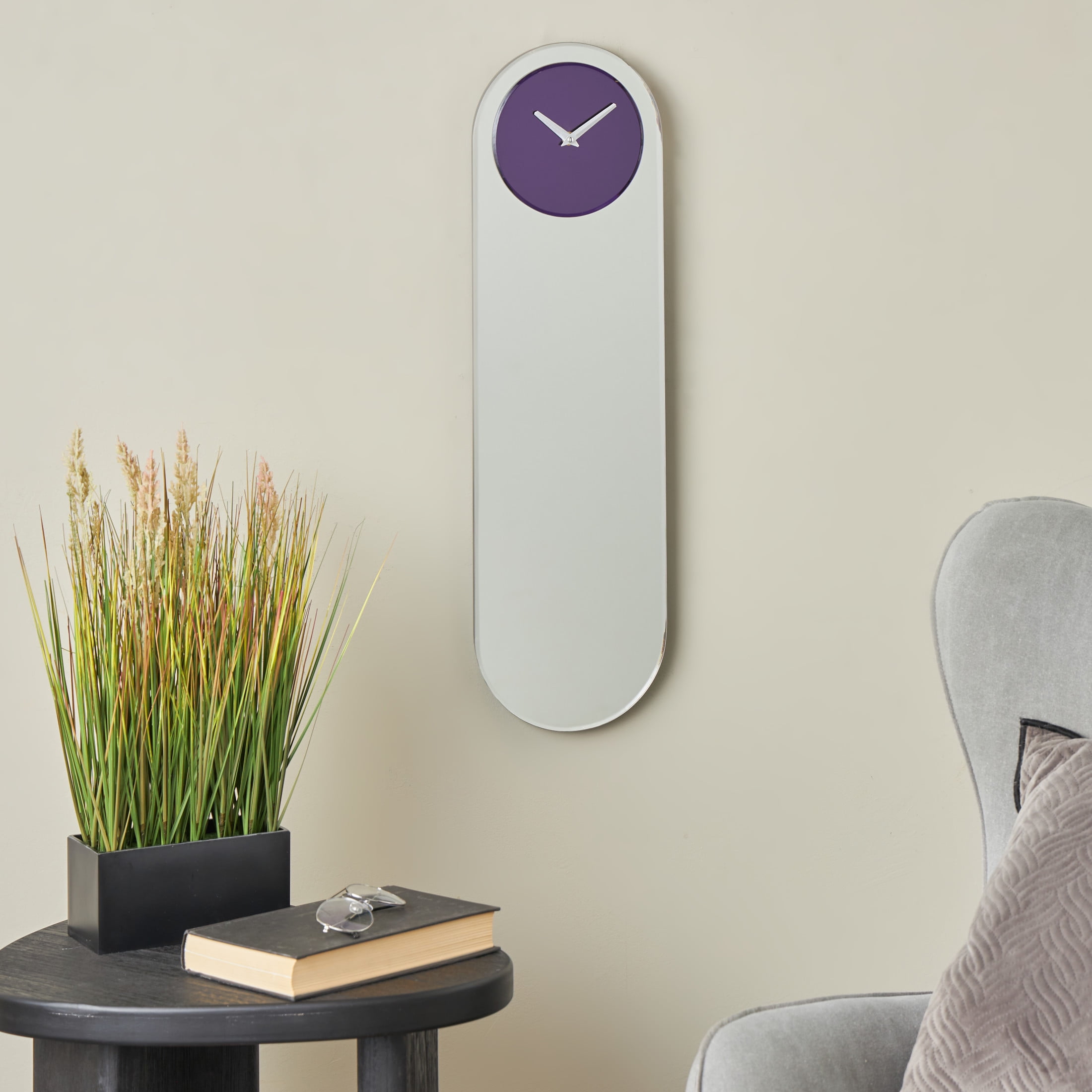 DecMode 8" x 28" Purple Glass Wall Clock with Silver Clock Hands