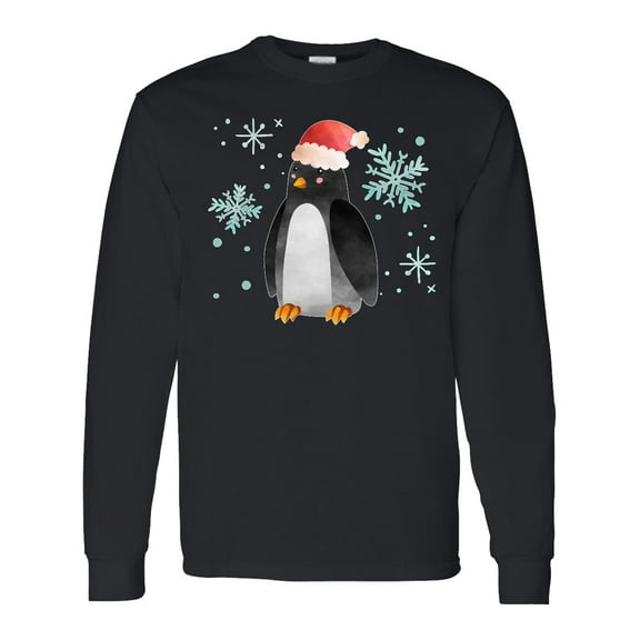Inktastic Christmas Penguin in Red Santa Hat with Snowflakes Long Sleeve T-Shirt