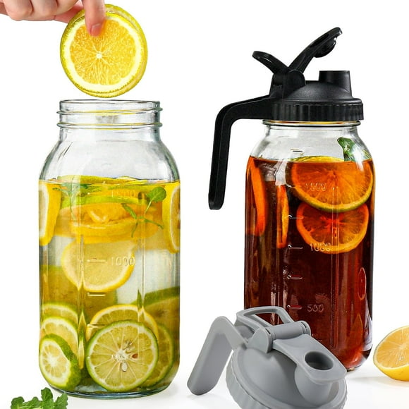 shiyou-64 oz Glass Pitcher with Lid 2 Pack,2 Quart Mason Jar Pitcher with Lid and Spout - Half Gallon Mason Jar Pitcher Wide Mouth for Iced Tea/Sun Tea/Coffee/Juice, Glass Jars with Lids (Black & Gra