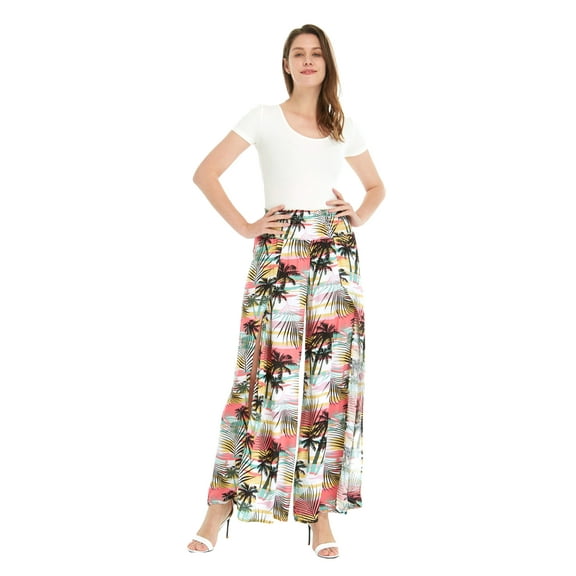 Lady High Slit Wide Leg Pants in Tropical Pink Line Floral