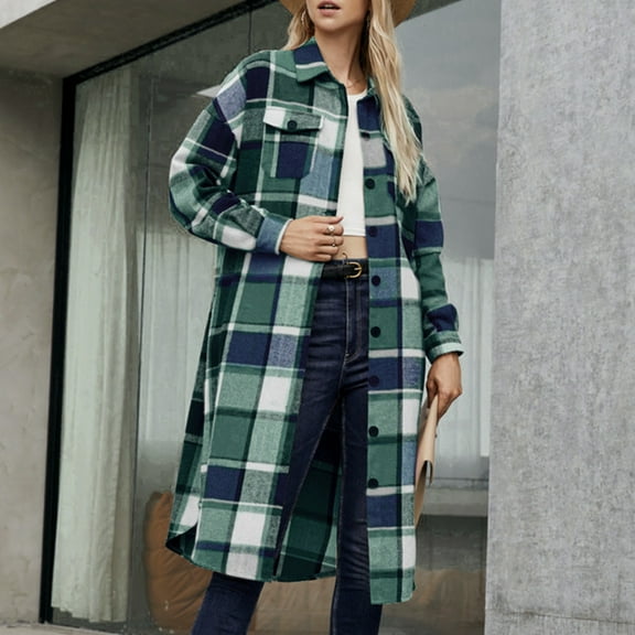 FDGIU Women's Flannel Shacket - Fleece Lined Hooded Jacket, Casual Long Sleeve Loose Fit Plaid Outerwear for Fall Winter Fashion