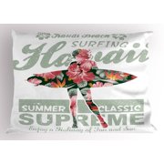 Lunarable Hawaiian PillowSham, Tropical YPF5Hawaii Hibiscus Surfing Silhouette Surfboard Retro Themed Artprint, Decorative Standard Queen Size Printed Pillowcase, 30" X 20", Coral Green
