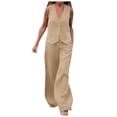 thumbnail image 1 of Conjunto informal de algodón de 2 piezas para mujer: camisa sin mangas con botones y pantalones rectos de pierna ancha con bolsillos, diseño sexy en el pecho, para el día a día/formal., 1 of 5