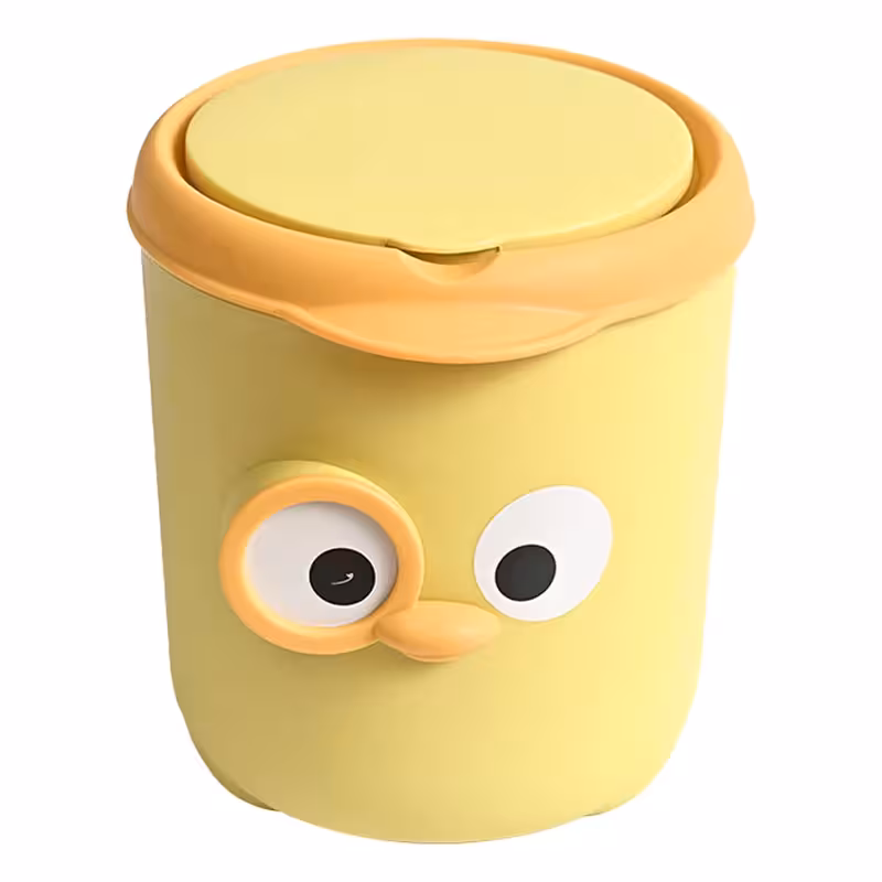 thumbnail image 1 of Mini cubo de basura con tapa, diseño de dibujos animados lindo, encimera de plástico con tapa para mesa, mesita de noche, escritorio de oficina, amarillo, 1 of 8