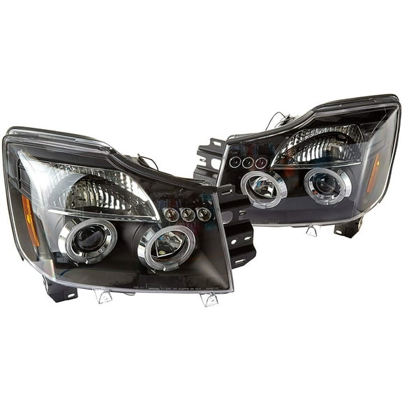 SMD LED Halo Projector Headlight In Black Housing Clear Lens Made For And Compatible With 2004 - 2015 Nissan Titan 2004 - 2007 Armada 04 05 06 07 08 09 10 11 12 13 14 15
