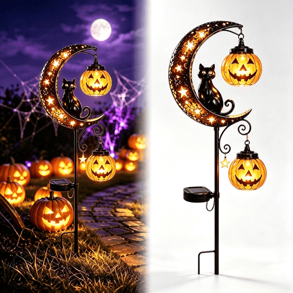 Solar Halloween Black Cat & Pumpkin Moon Garden Stake Light, Waterproof Metal LED Outdoor Landscape Decor For Yard Lawn Pathway Patio Fall Harvest