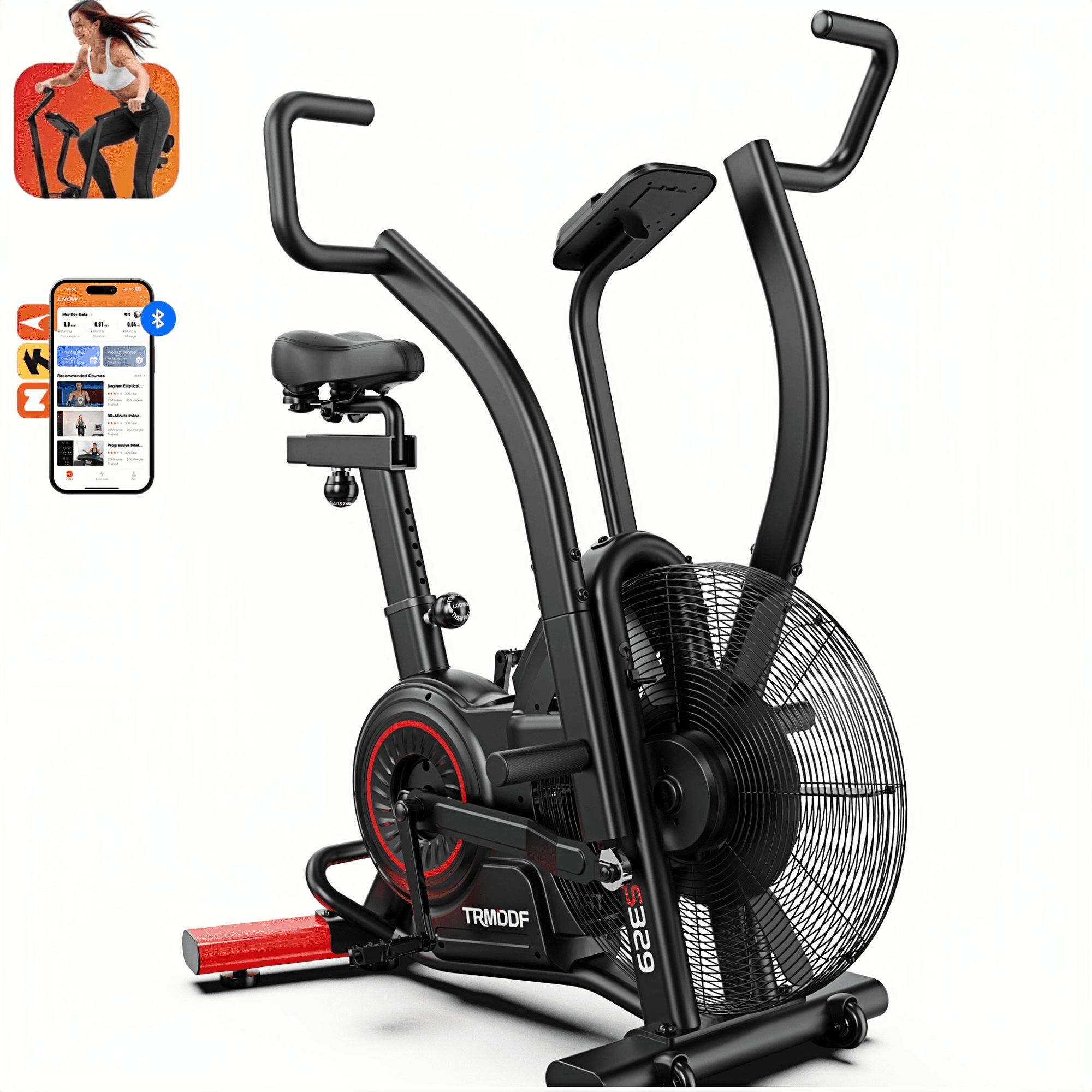 Upright Air Fan Exercise Bike, Indoor Stationary Cycling Trainer with Infinite Air Resistance, Bi-Directional Pedal, Bluetooth LCD Monitor, Adjustable Seat for Home Gym Cardio Workout