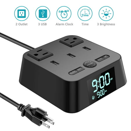 Alarm Clock with 3 USB Charging Port, 2 AC Power Outlet Charging Station, Full Ranger Dimmer, DST UL