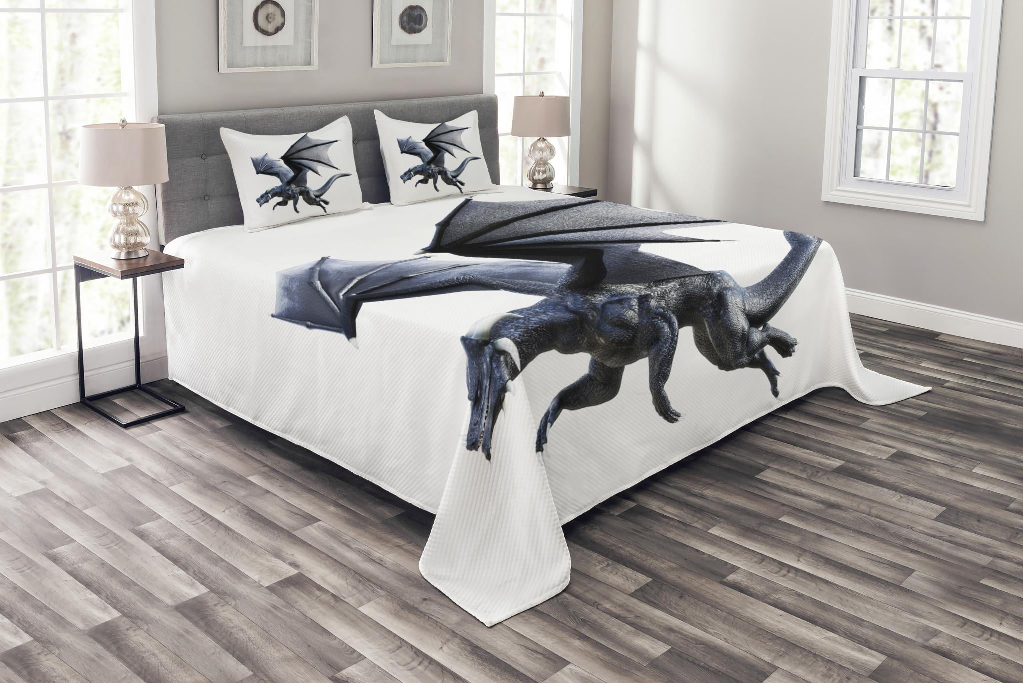Dragon Bedspread Set Queen Size, Fantastic Creature Flying Digital