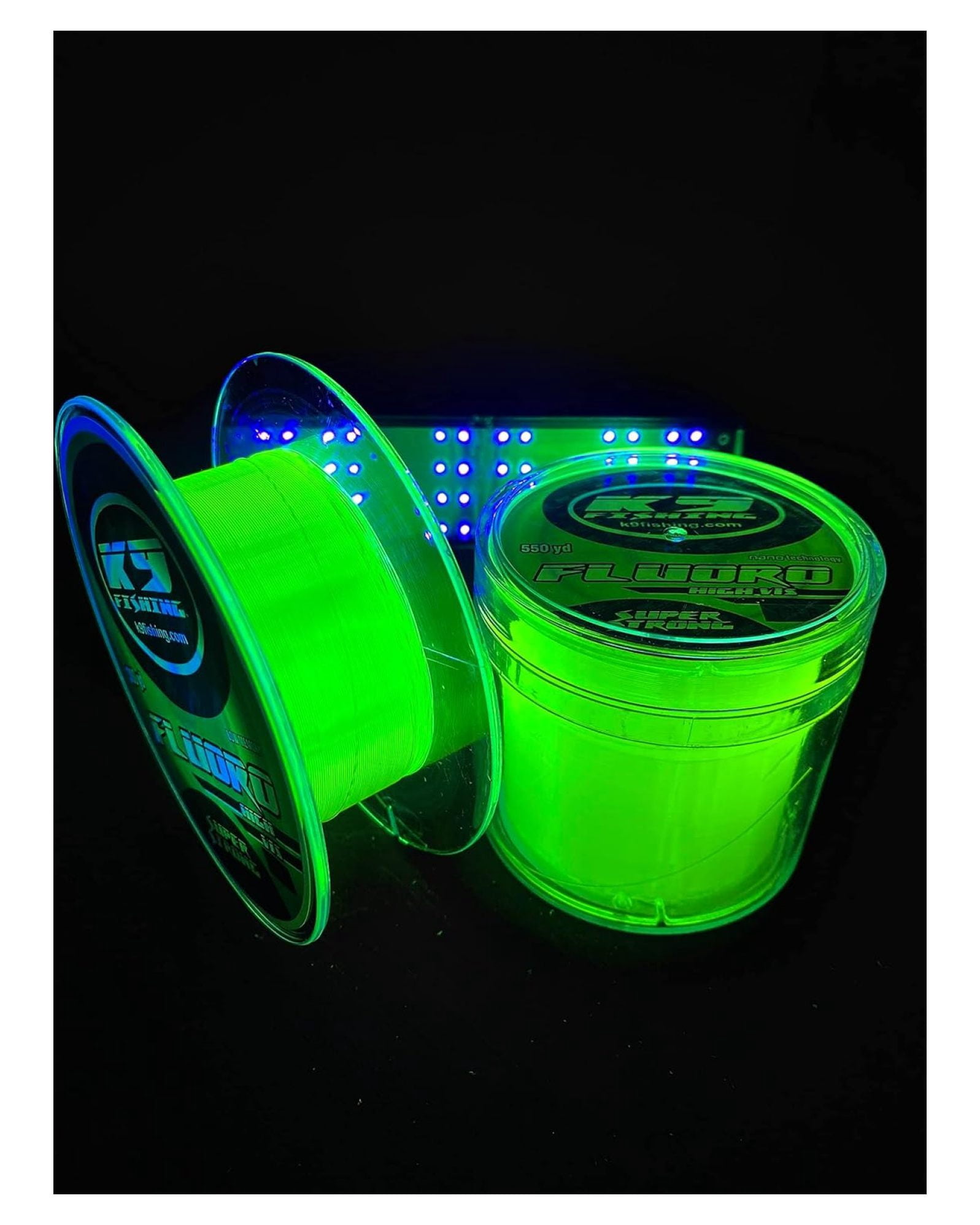 K9 Hi-Vis Fluoro Fishing Line — Ultra Low-Memory, Abrasion Resistant, Long-Casting — Glow in The Dark, Chartreuse — Virtually Invisible Underwater — Great for Spinning Reels — 550 Yards, 12lb