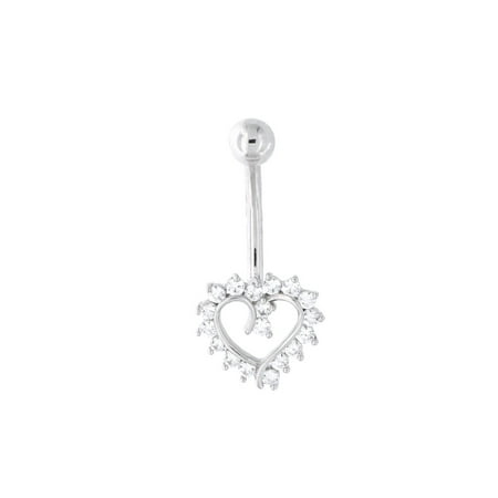 14k Yellow or White Gold Cubic Zirconia Fancy Open Heart Belly Ring Navel Piercing Body Jewelry