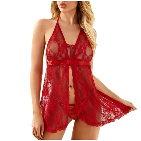 

Plus Size Bras for Women Women Bowknot Lace Lingerie V-Neck Nightdress With Thong Bow Pajamas Suit Set Womens Black Lingerie Red Lace Bra