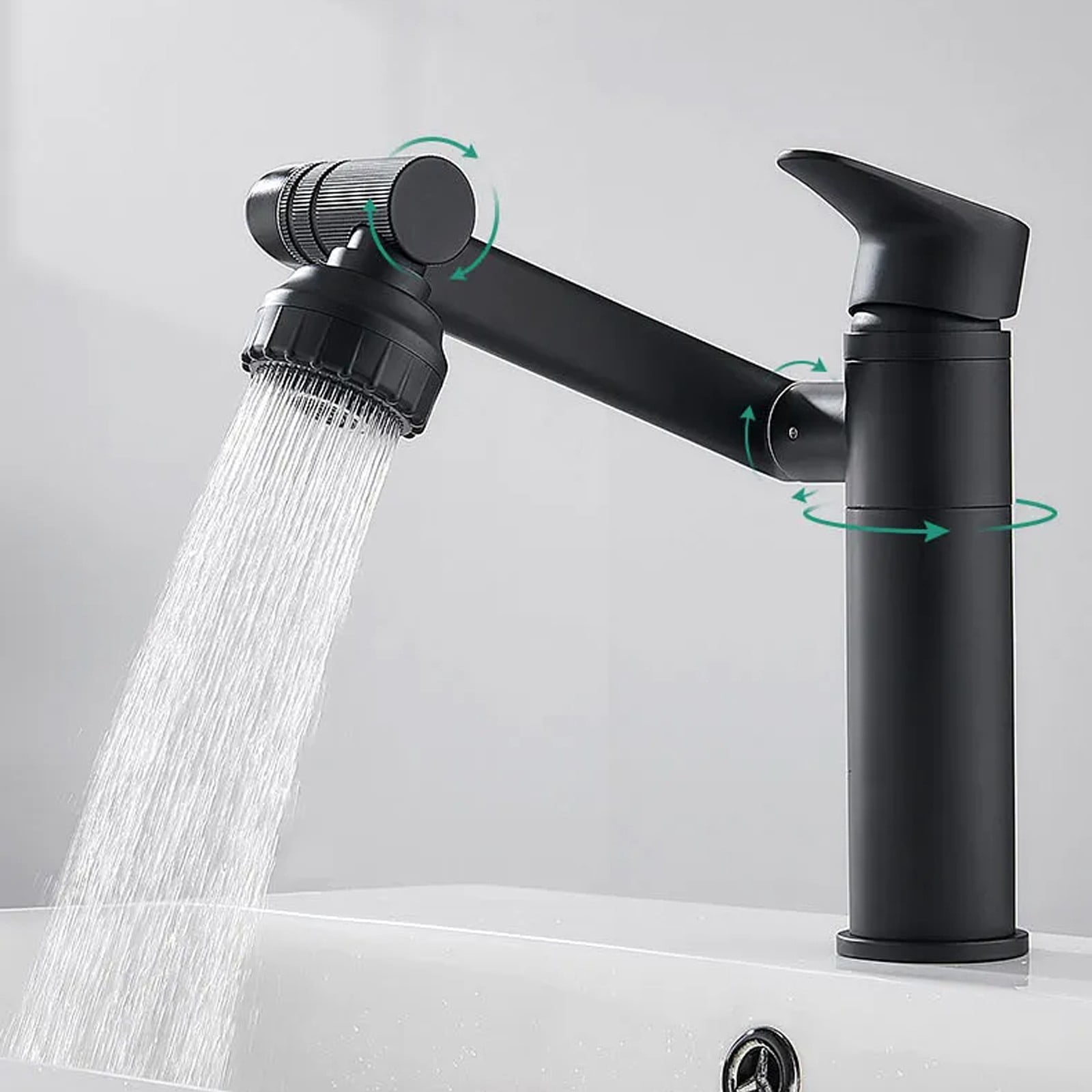 Silver Bathroom Faucet 1080 Degree Swivel Lavatory Basin Sink Faucet 1 Handle Big Angle Spray Aerator Spout Extender Universal Rotating Splash Filter 2 Water Outlet Modes