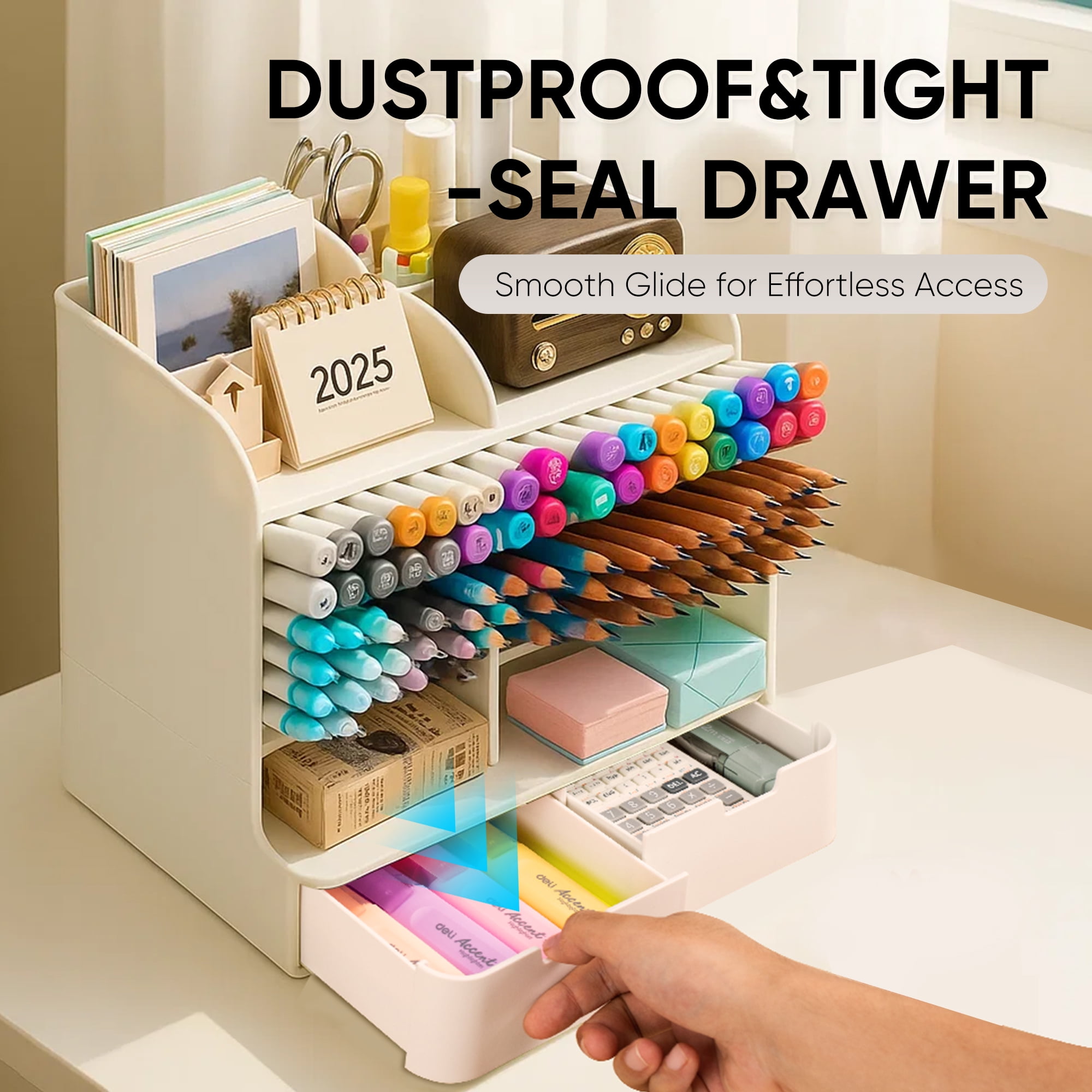 VUSIGN Tall Organizer Plastic Desk Organizer for Office,Pencil Holder Organizer for Home Desk Storage Organizer with Drawers