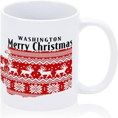 

US State Coffee Mug Washington Coffee Mug 11oz Christmas Theme Red Reindeer Snowflake Ceramic Mug Personalized Washington Map Cup Perfect Novelty Gifts for Friends Coworkers Thoughtful