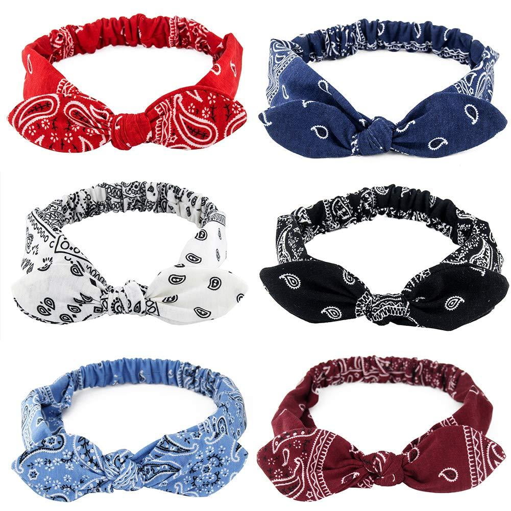 Carede 6 Pack Elastic Paisley Bandana Knot Headbands Rabbit Ear Bow