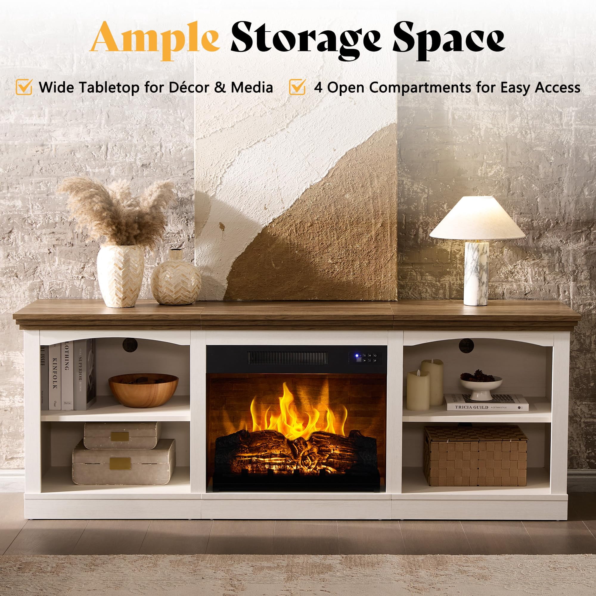 Merluxy 70" Fireplace TV Stand for TVs up to 80", Farmhouse Entertainment Center with 23" Electric Fireplace, Distressed White
