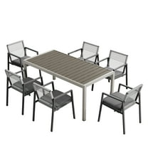 GDF Studio Modern Aluminum Dining Set, 1 Faux Wood Table & 6 Rope-Woven Chairs
