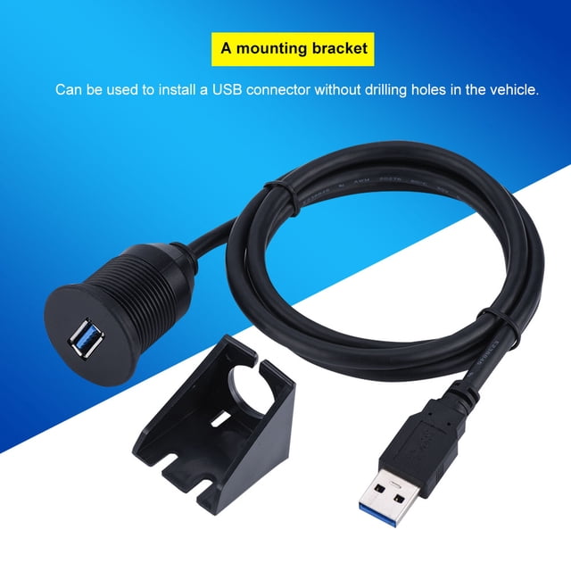 Plastic + Metal + Rubber USB Extension Cord, Black with Installation Kit, Panel Mount Cable USB Extension Adapter, Boat for Car Motorcycle