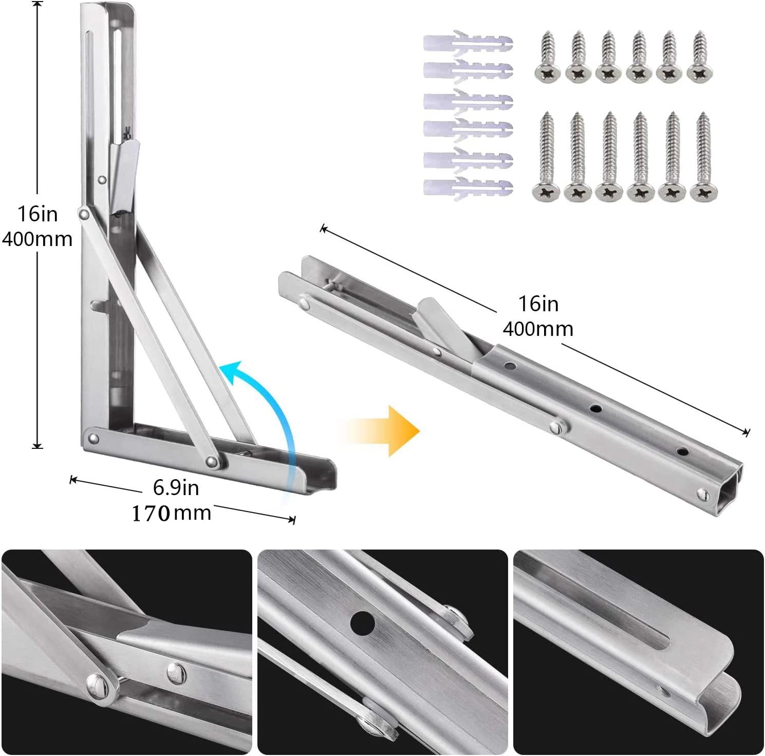 Folding Shelf Brackets Heavy Duty, Space Saver For Bench Table, Wall Mounted Triangle Shelf Bracket Supports Up To 660 Lb, Scratch Resistant Stainless Steel With Locking Hinges