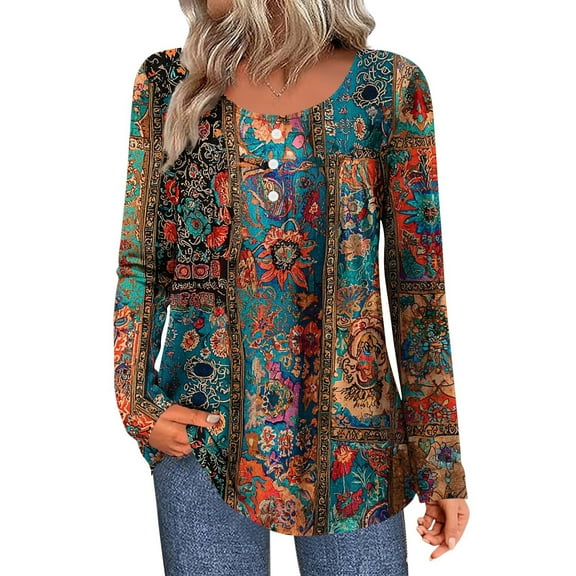 Hueook Womens Long Sleeve T Shirts Short Sleeve Shirts for Women Women's Fashion Printing Casual Round Neck Long Sleeve Button Loose T-shirt Top Brown M