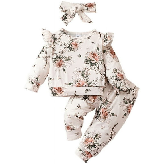 Newborn Baby Girl Clothes Floral Printed Long Sleeved Round Neck Top and Pants Set 2PCs Infant Fall Winter Outfits