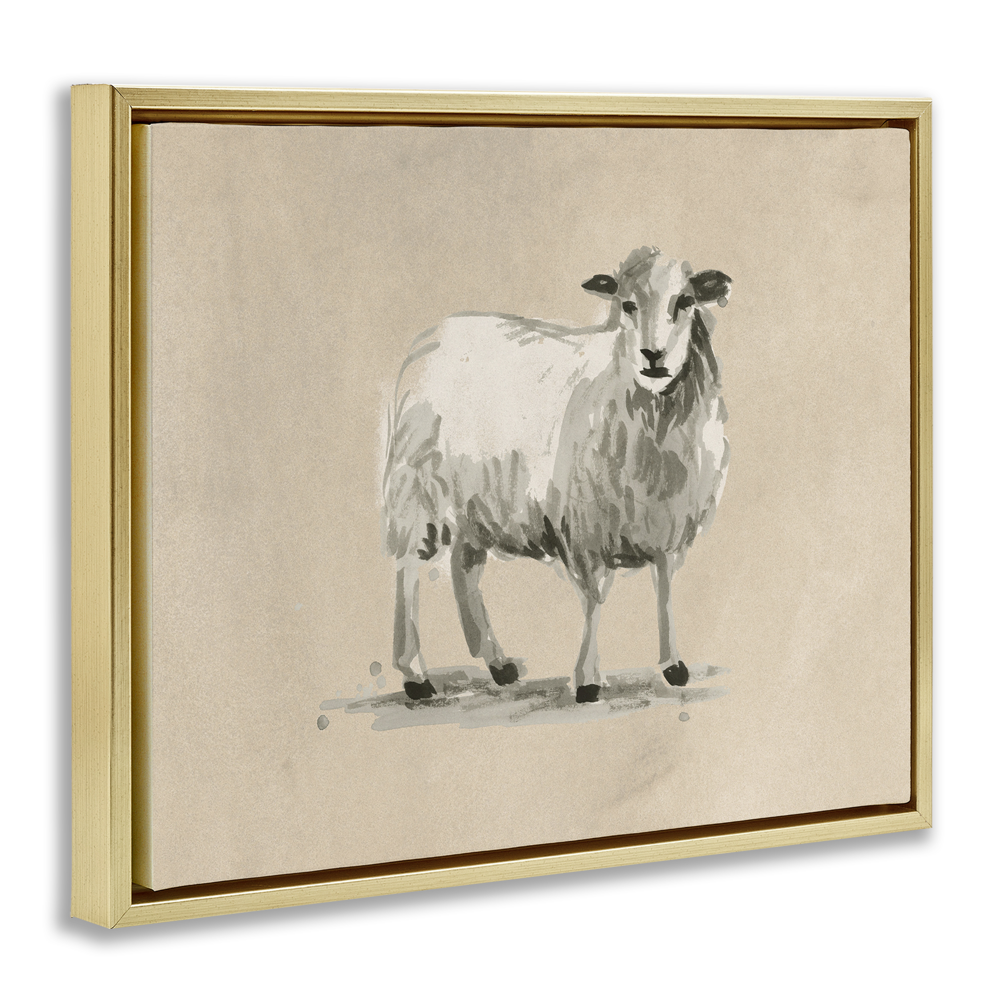 Stupell Industries Gazing Sheep on Beige Animals & Insects Painting Gold Floater Framed Canvas Art Print Wall Art, 21 x 17