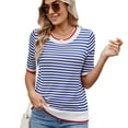 thumbnail image 2 of Womens Summer Short Sleeve Shirts Striped Sweater Cute Casual Trendy Crewneck Knit Blouses White & Blue S, 2 of 9