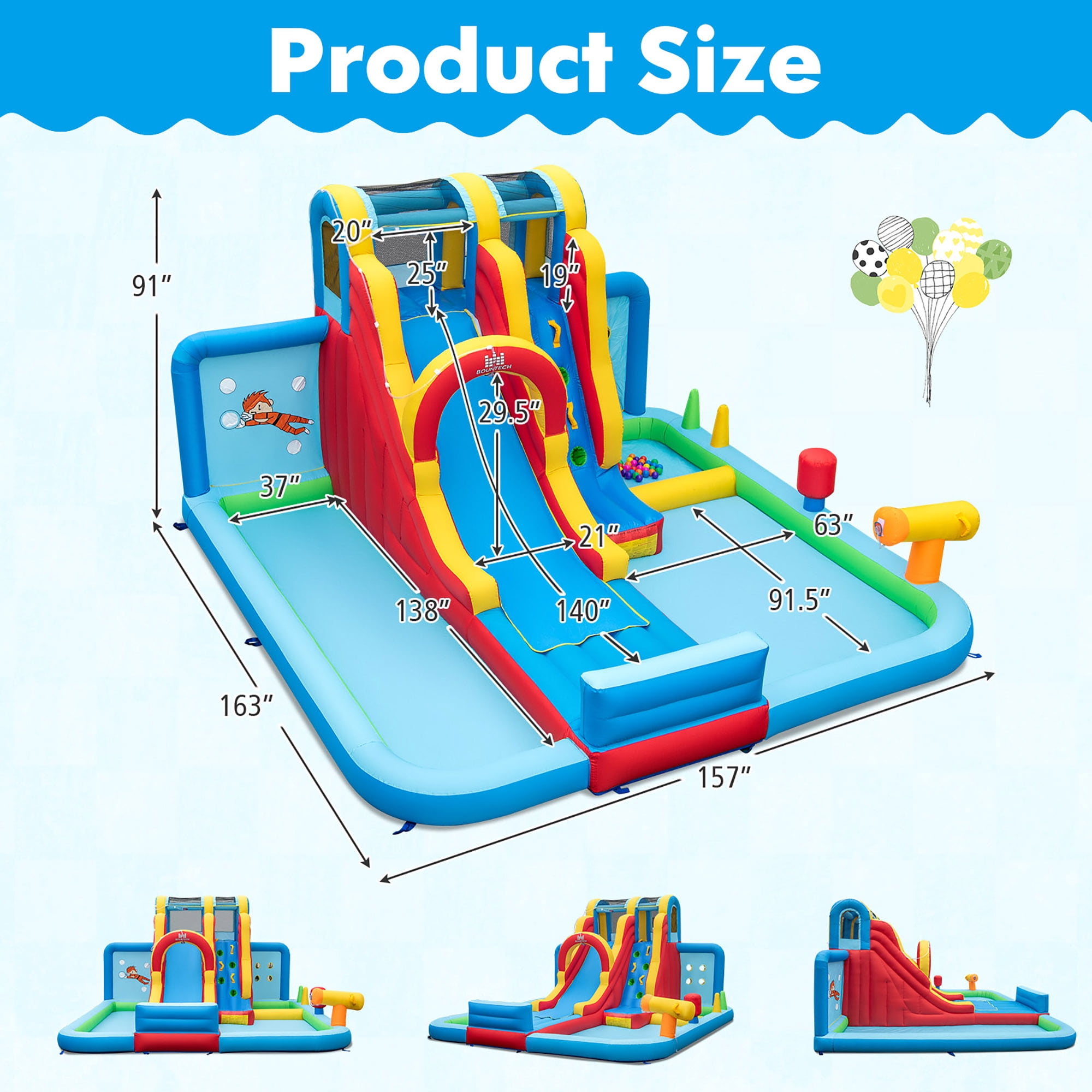 Gymax Inflatable Water Slide w/ Long Slide Climbing Wall Splash Pools w/ 735W Blower