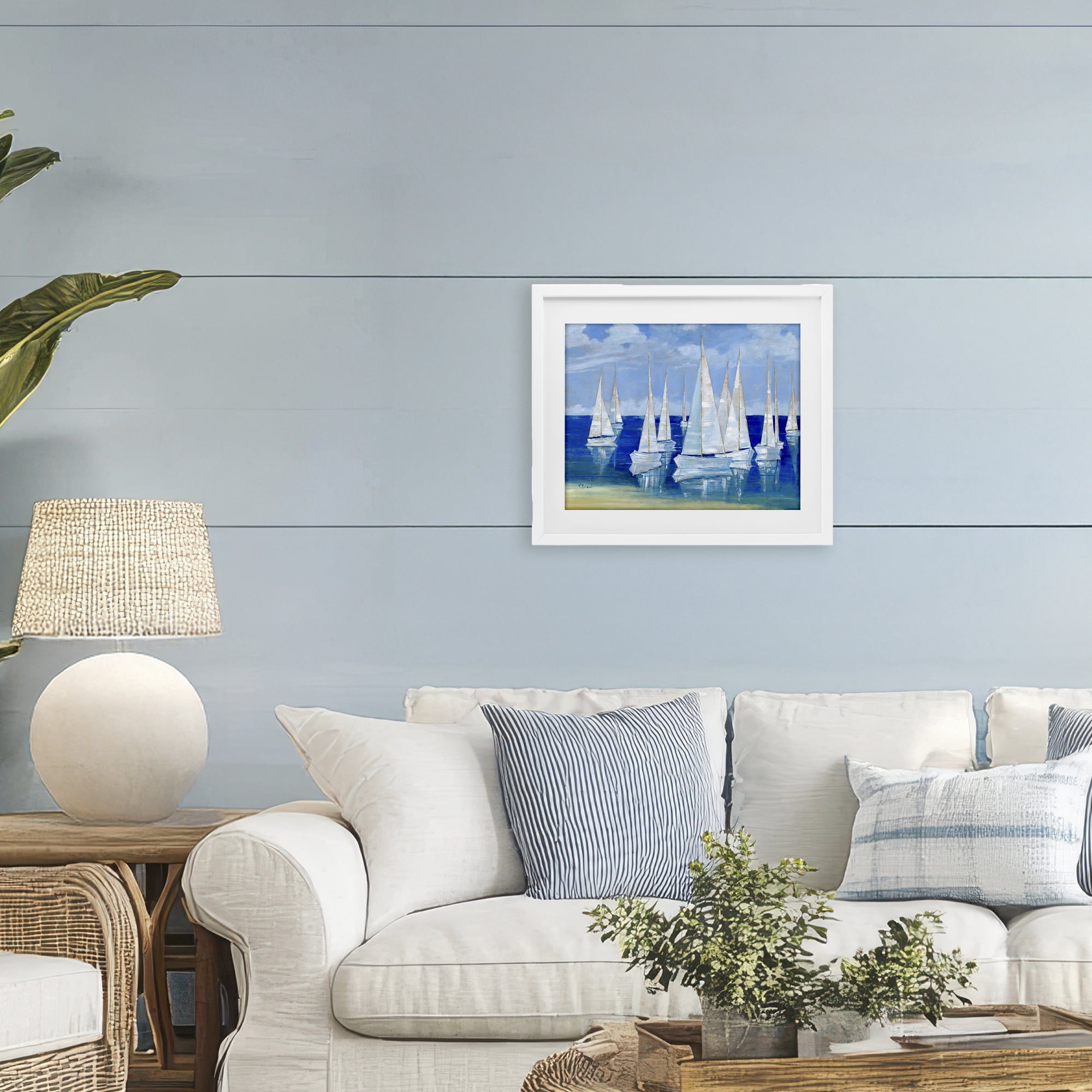 Stupell Industries Blanco Beach Sailboats White Framed Print Under Glass, design by Paul Brent